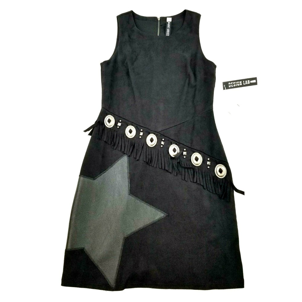Design Lab Lord & Taylor Women Black Suede Like Fringe Star Dress D4029 XS